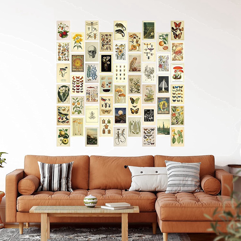 Vintage æstetisk vægcollagesæt  - 50 mini botaniske cottagecore collage kunstplakater  (4 x 6 tommer), til trendy fotovæg