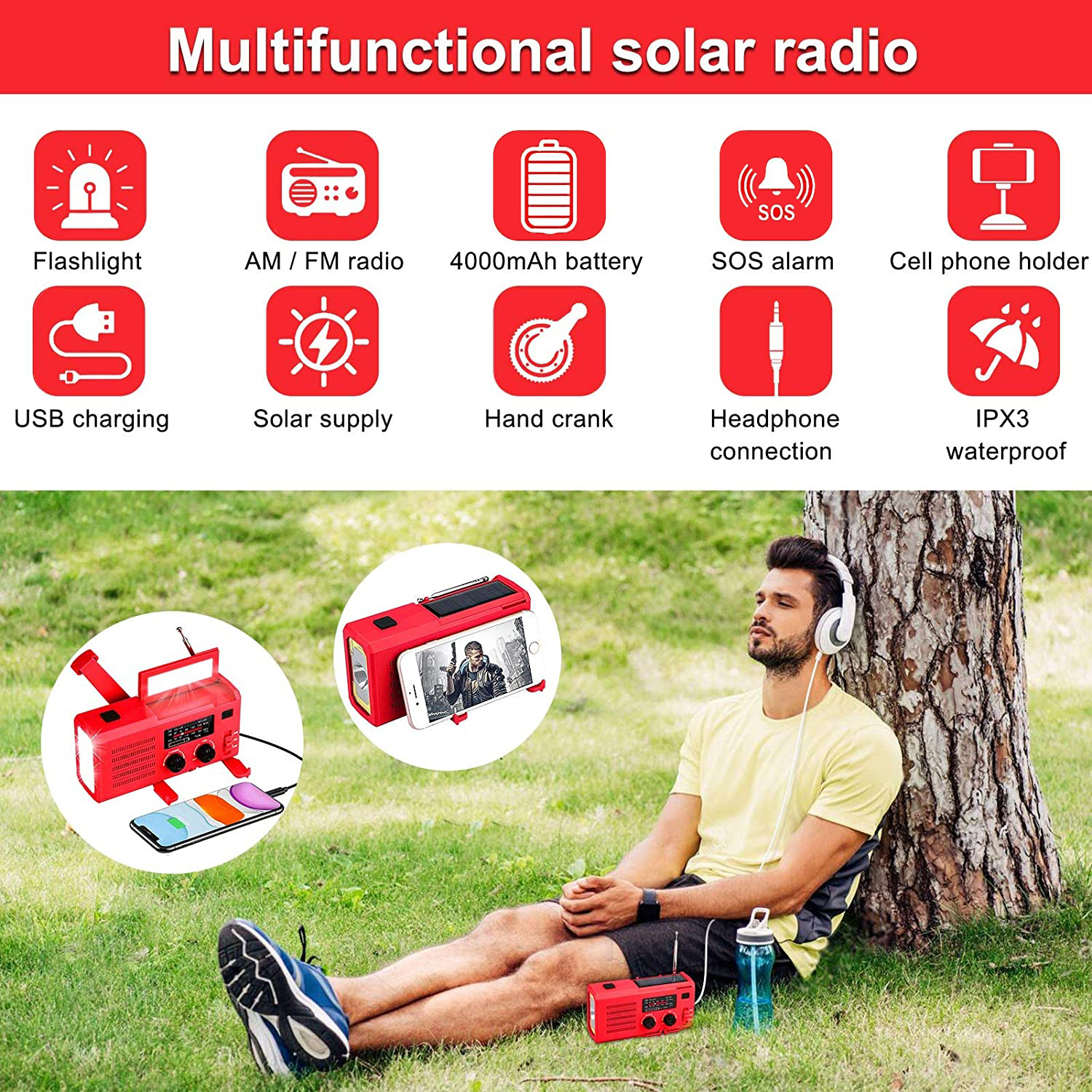 Emergency Solar Power Hand Crank Dynamo Generator 4000Mah Telefoon Oplader Bank Sos Am/Fm Noaa Weer Cob zaklamp Radio