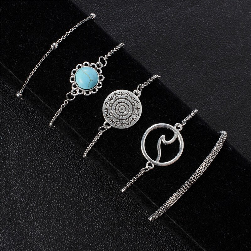 Nykøb 5 stk/sæt vintage sølvfarvede boheme armbånd wave geometrisk charme armbånd til kvinder fest smykker
