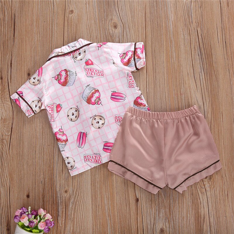 Babypiger sovesæt print kortærmet skjorte ensfarvet shorts sommer nattøj 2 stk