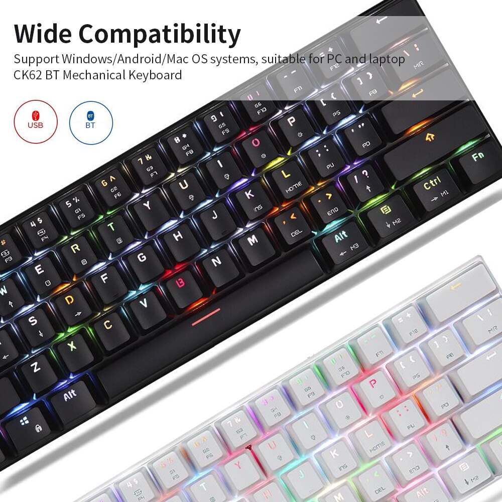 Motospeed – clavier mécanique de jeu CK62 61 touches, USB BT 3.0, double , avec interrupteur OUTEMU bleu/rouge, longue durée de vie
