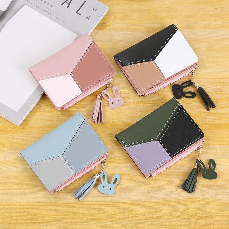 Geometric Tassel And Rabbit Decoration Leather Wallets Women Phone Pocket Purses Hasp Clutch Wallets