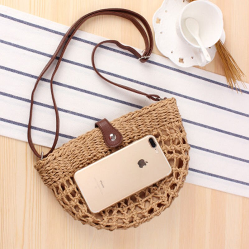 Women Diagonal Bag Hollow Hand-Woven Bag Europe and the United States All-Match Shoulder Bag Semi-Circular Straw Woven Bag: Khaki