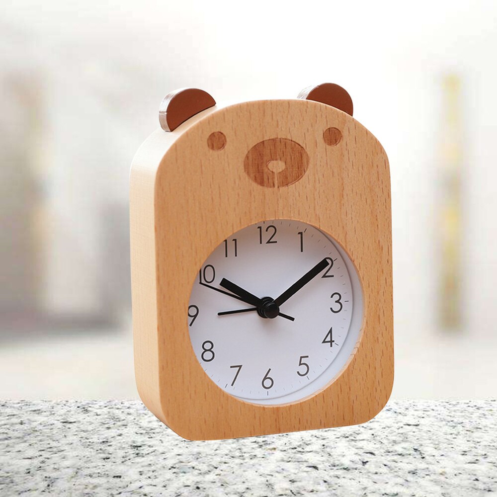 Beech Table Clock Bear Pattern Mute Alarm Clock Mechanical Clock for Student Worker without Battery