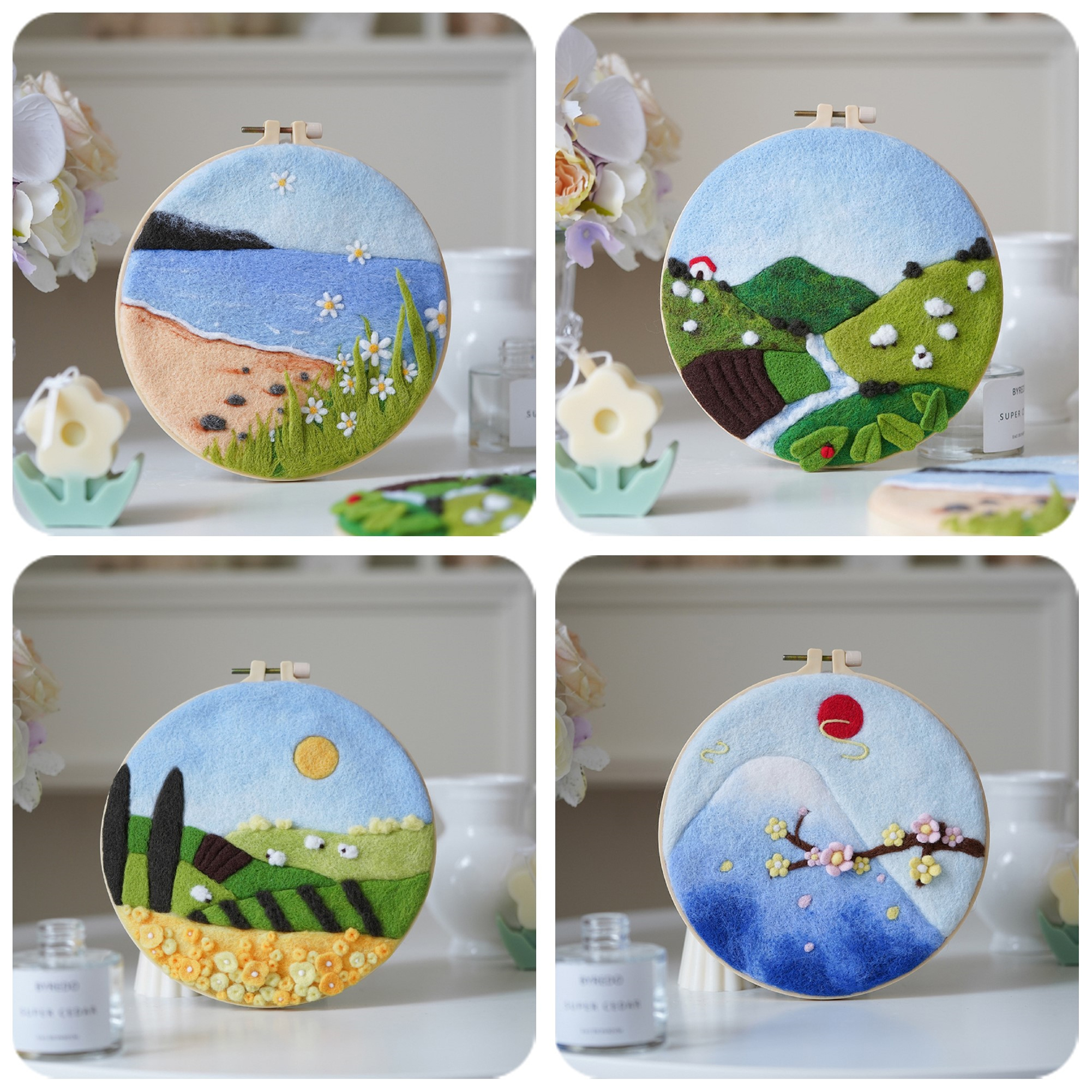 Needle Felting Kit Landscape with 8in/20cm Embroidery Hoop DIY Full Kit Unfinished Materials for Needlework Felting