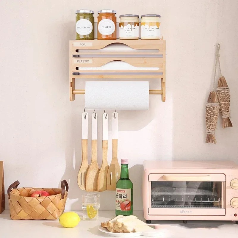 Keuken Bamboe Compartiment Vershoudfolie Tin Folie Cutter Box Keukenpapier Wandmontage Papieren Handdoek Keuken Organizer Accessoires