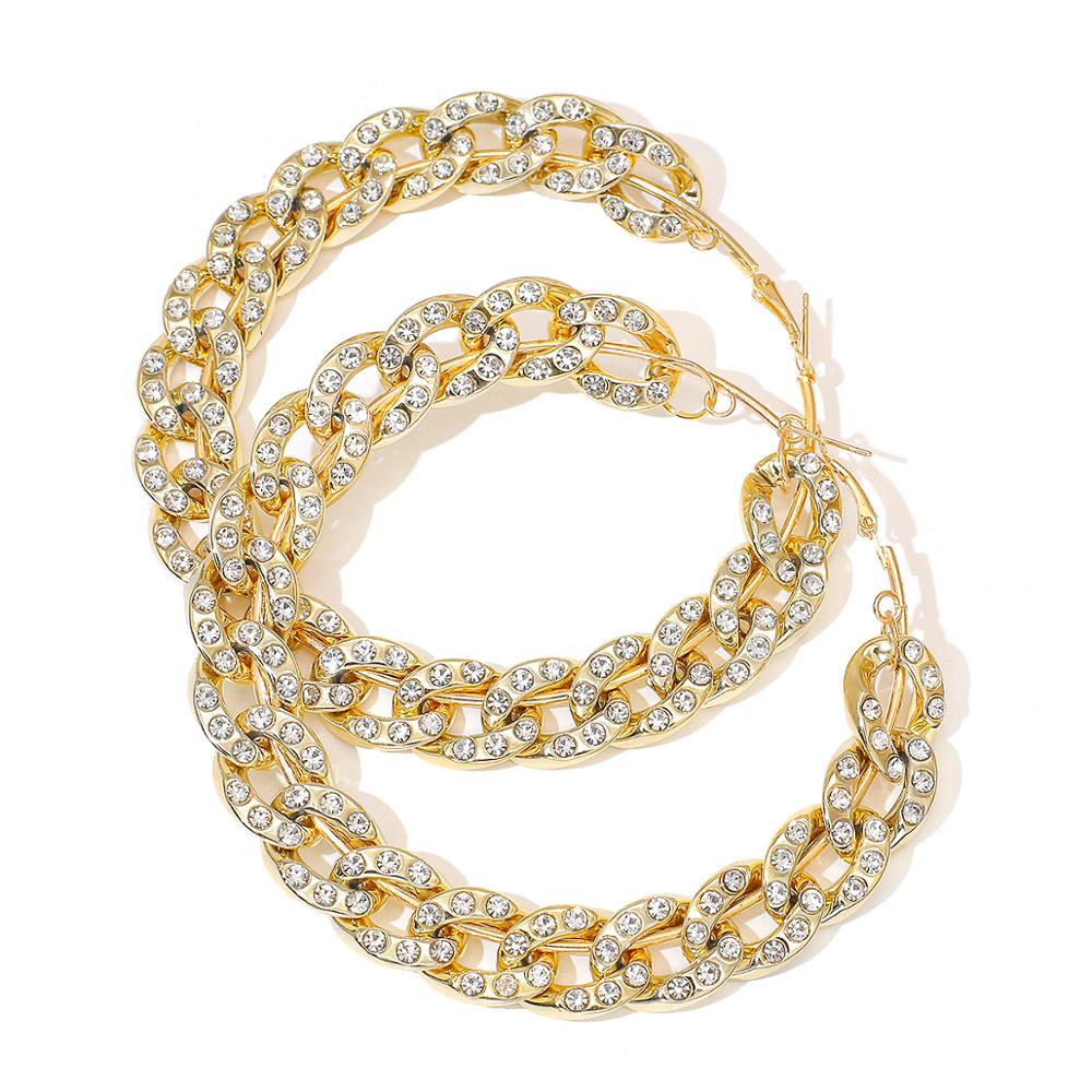 AMORCOME Rhinestone Chain Hoop Earrings For Women Big Circle Round Earrings Brincos Female Statement Jewelry: L Gold