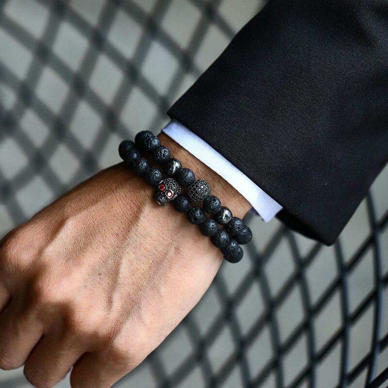 Conjunto de 2 unids/set de pulsera de corona de León para hombre, brazalete clásico de cuentas de piedra de Lava mate, pavé CZ, de joyería: 2