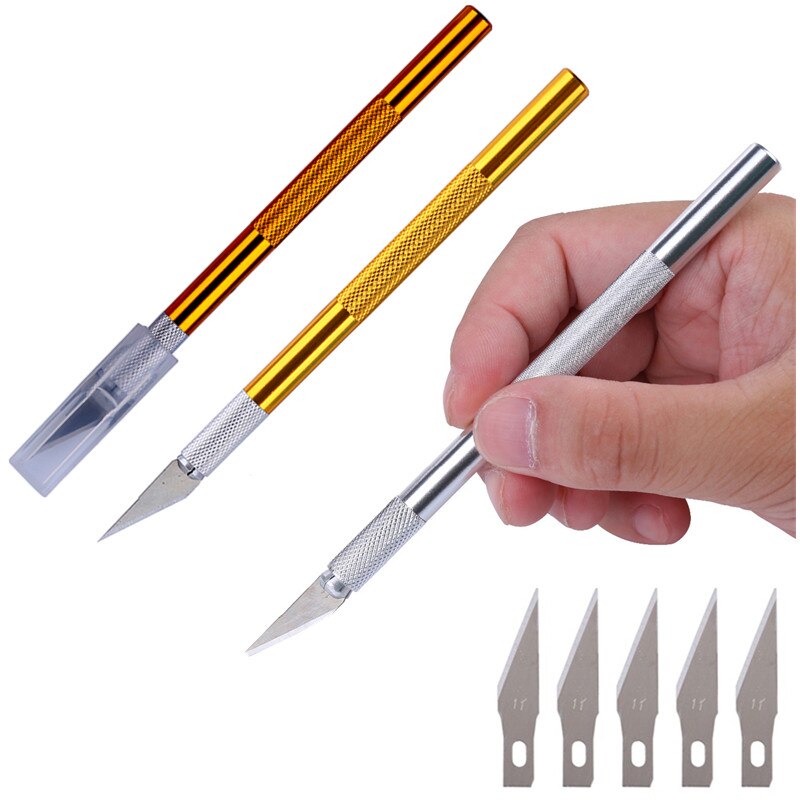 Cuchillo de hoja de bisturí con mango de Metal para cortar papel y madera, utensilio de utilidad para manualidades, suministros de corte y grabado, 1 Juego