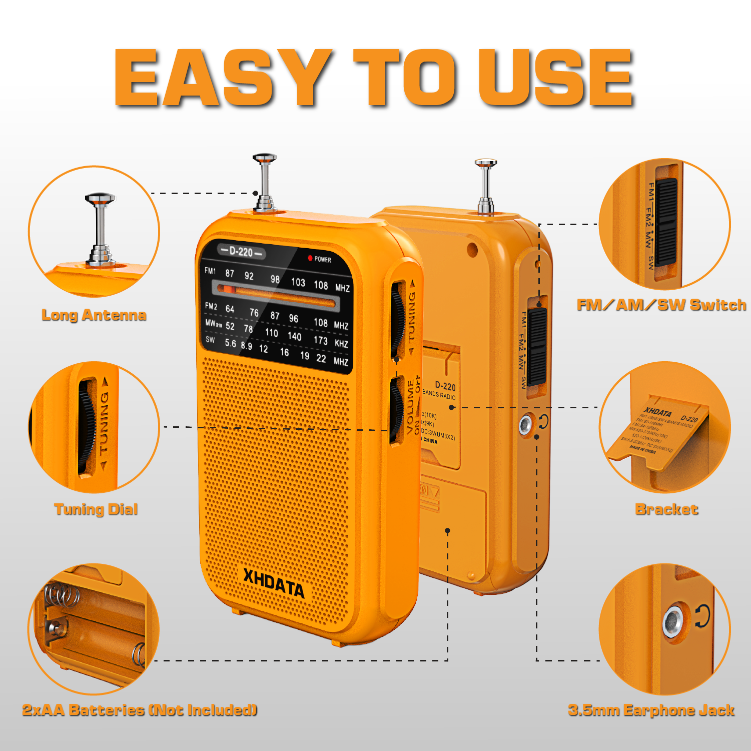 XHDATA D-220 Vintage Retro Radio FM 1-2/MW (9K/10K) /SW 4-pasmowe przenośne radio kieszonkowe o wysokiej czułości DSP Radio cyfrowe D220