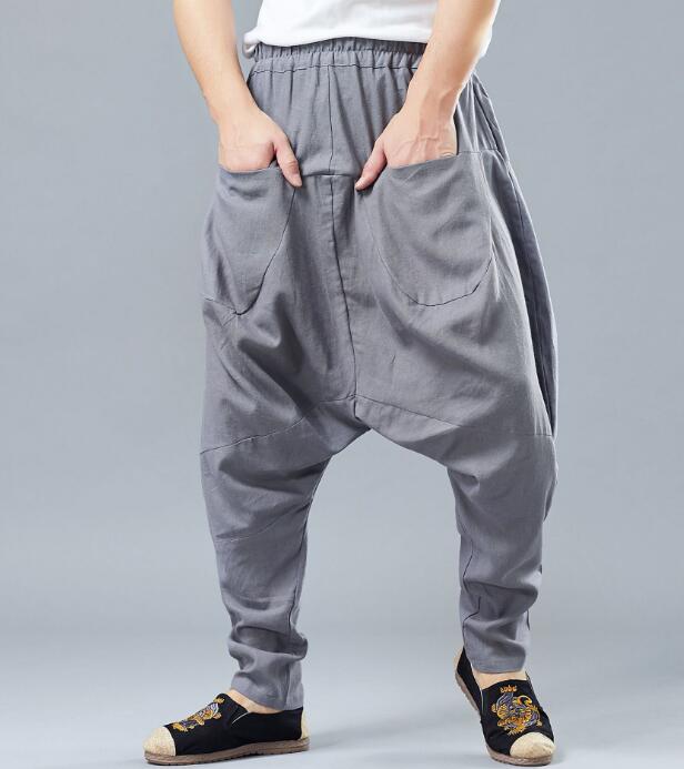 Alta ropa de hombres pantalones bombachos holgados Hip hop, pantalones-Pantalones desierto Pantalones casuales pantalones de lino pantalones de Hombre Ropa: L / Gris