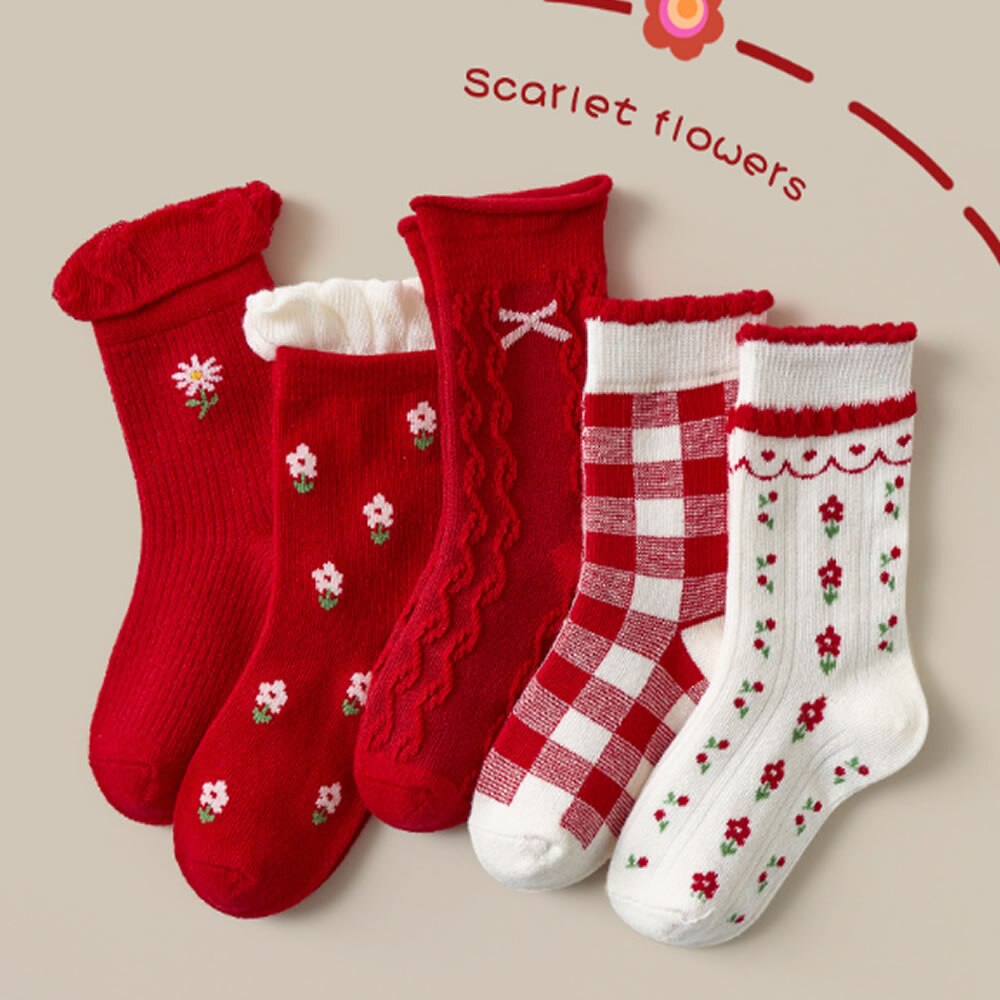 Calzini per bambini calze a forma di fiocco con motivo a fiori calze di pizzo rosse calze per studentesse stivali per neonati Kinder Socken