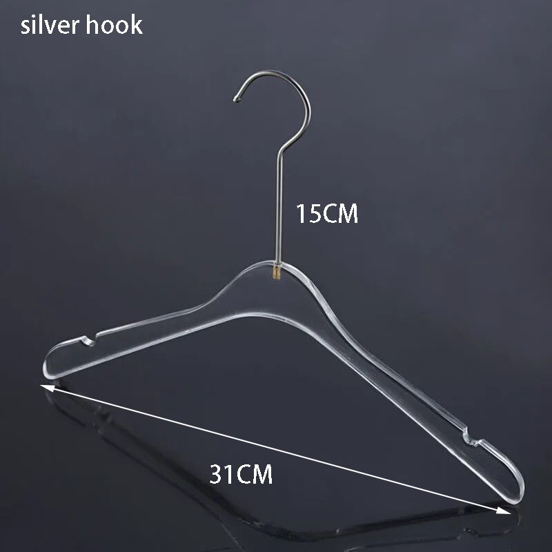 Clear Acrylic Clothes Hanger with Gold Hook, Transparent Shirts Dress Hanger with Notches for Lady Kids 5 Pcs: silver hook G