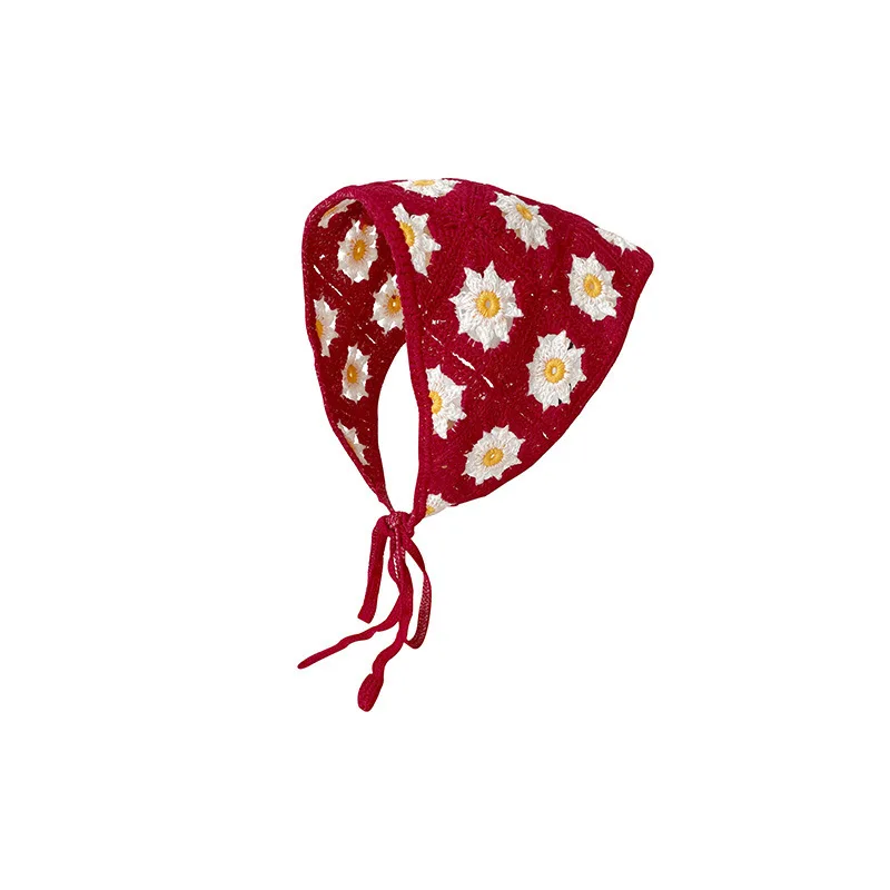 Lenço triangular feito à mão crochê malha bandana para mulheres retro bonito e doce pequena margarida cinta com bandana