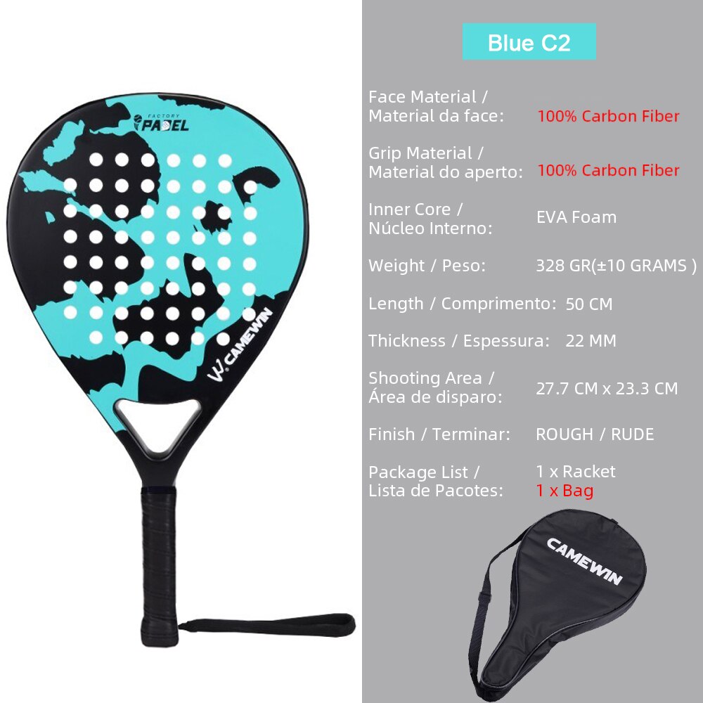 Racchetta da Tennis professionale Full Carbon Beach in carbonio e vetro viso Raqueta leggero morbido EVA Beachtennis sport adulto Unisex: Blue C2