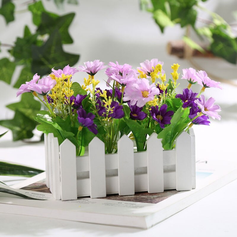 1 Set White Wooden Fence Artificial Flower Floral Artificial Plants Holder Home Garden Decor Ornament: 03