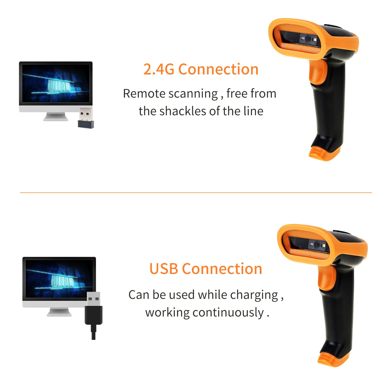 1D 2D Supermarket Handhel Barcode Bar Code Scanner Reader QR 2.4G Wireless &amp; Wired USB Barcode Scanner For Library Warehouse