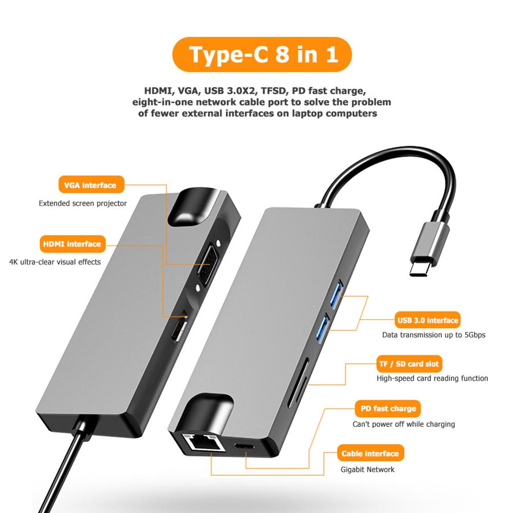 8 In 1 Usb Hub Type C Naar 2 Usb 3.0 Hdmi Laptop Docking Station Power Adapter Vga RJ45 Pd kaartlezer Adapter HW-TC12