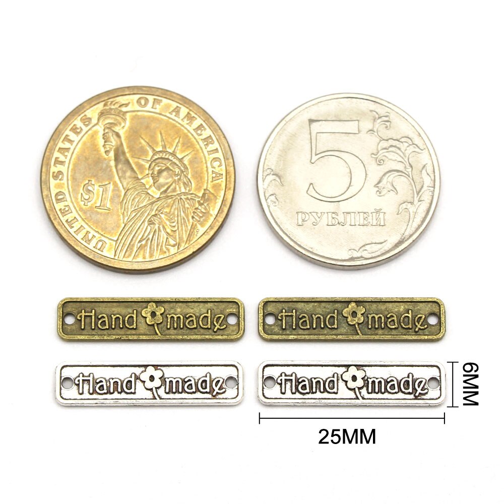 Etiquetas de Metal hechas a mano de 10 piezas, etiqueta Vintage rectangular, de bronce plateado, para coser ropa, chaquetas, sombreros, accesorios de ropa de aleación