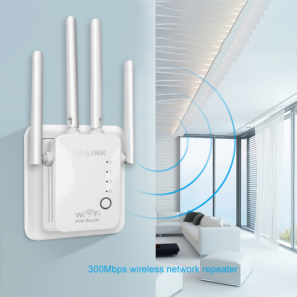 Pixlink Wifi Repeater Draadloze Router Pro 300Mbps 4 Antenne Extender Versterker Repeator Signaal Cover Extender Range Extender