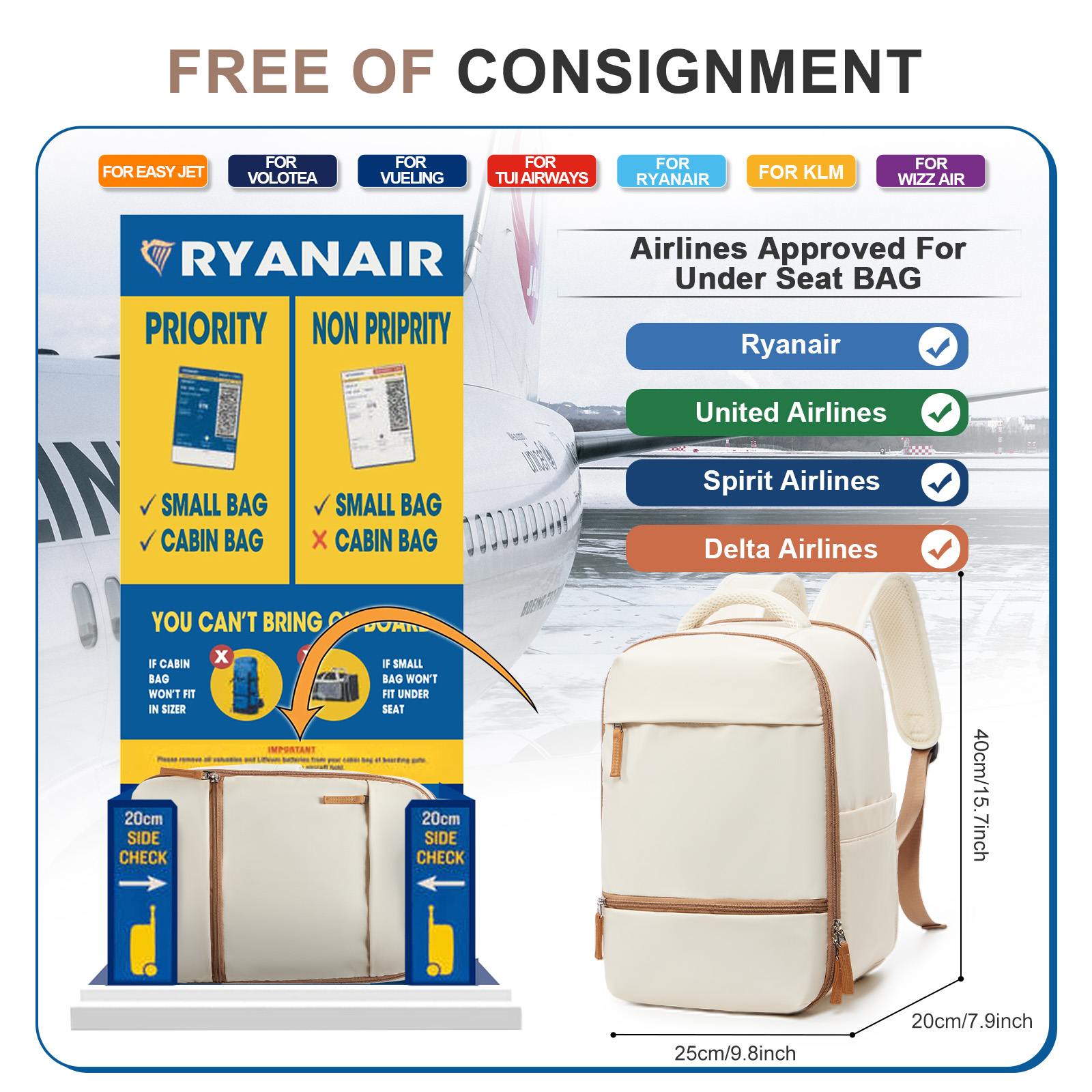 Ryanair-Sac à dos de voyage, cabine, avion, bagage à main, ordinateur portable, travail, affaires, école, voyage, 40x20x25