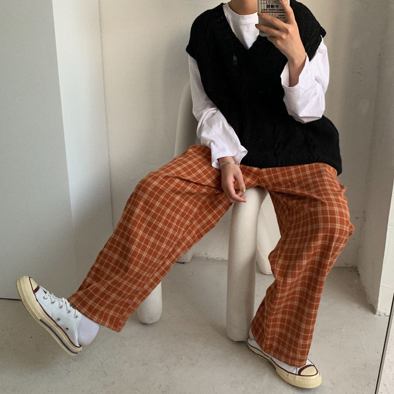 Karierten Hosen für Frauen Jahrgang Plaid Hosen Koreanische Stil Breite Bein Hosen Frauen Sommer Blau Harajuku Übergroßen Hosen