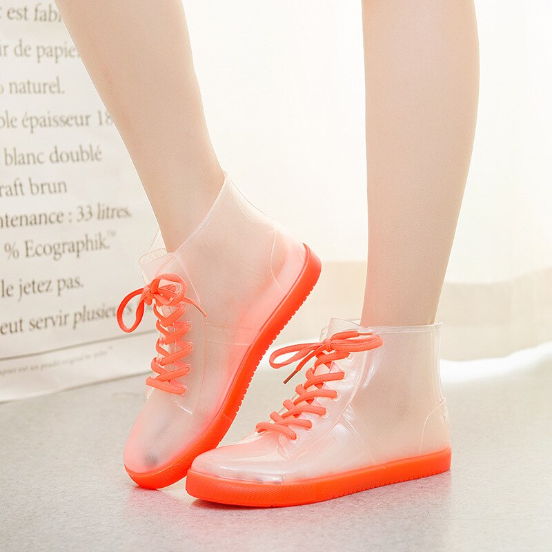 PVC Frauen transparent Regen Stiefel Gummi Spitze hoch Frauen Stiefeletten Wasserdicht lässig Komfort Damen Stiefel Schuhe: transparent Orange