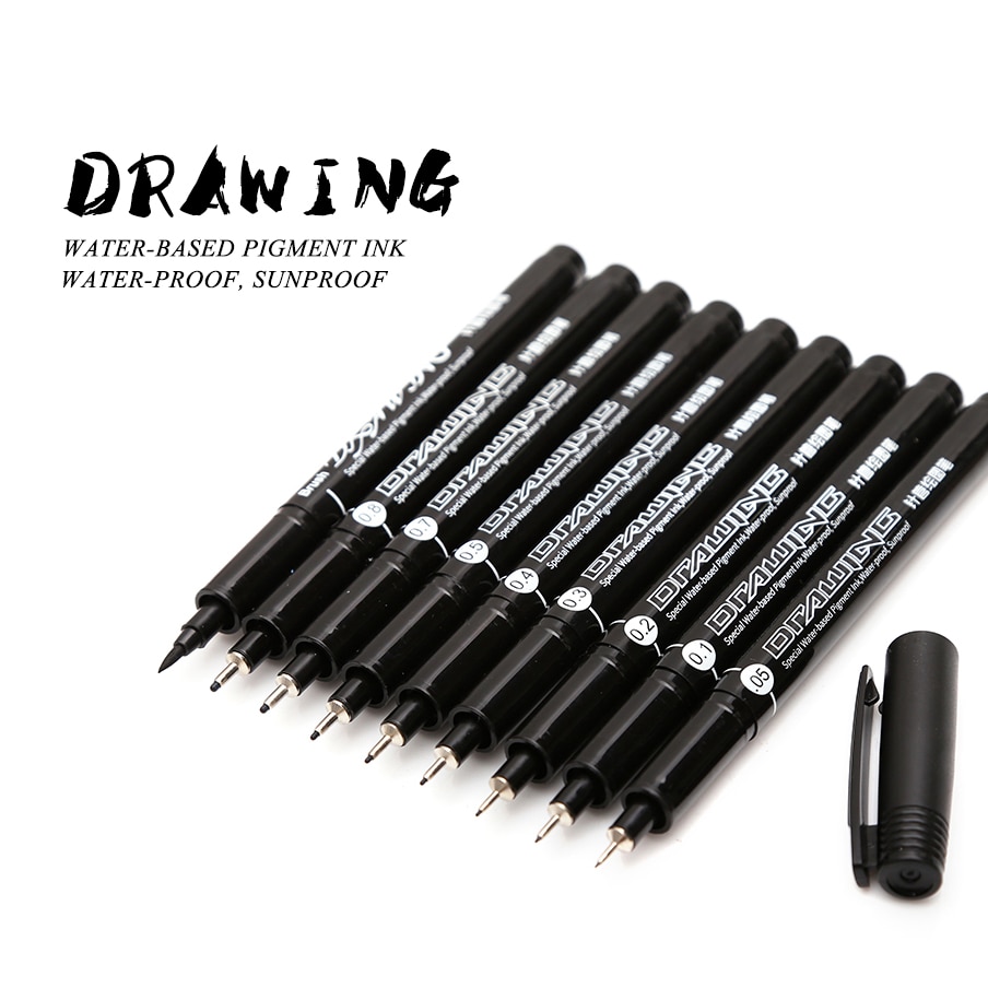 Conozca el juego de 9 rotuladores pigmentados negros resistentes al agua con aguja, rotulador pigma micron resistente al sol para bocetos y arte con gancho.