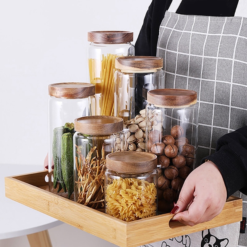 700 ML couvercle en bois verre hermétique bidon cuisine stockage bouteilles pots alimentaire conteneur Grains thé café Grains pot