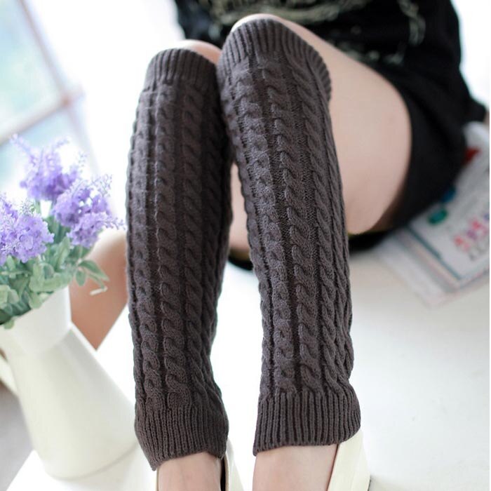Women Winter Thigh High Leg Warmers Hemp Flowers Pattern Solid Color Knitted Crochet Long Socks Warm Boots Socks: Dark Grey