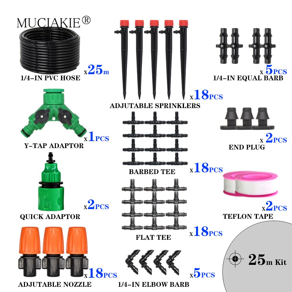 Muciakie garden 1/4 &quot; slange drypvanding automatisk vanding kit tåge spray kølesystem med justerbar drypper controller: 25m 4 l 7 sæt