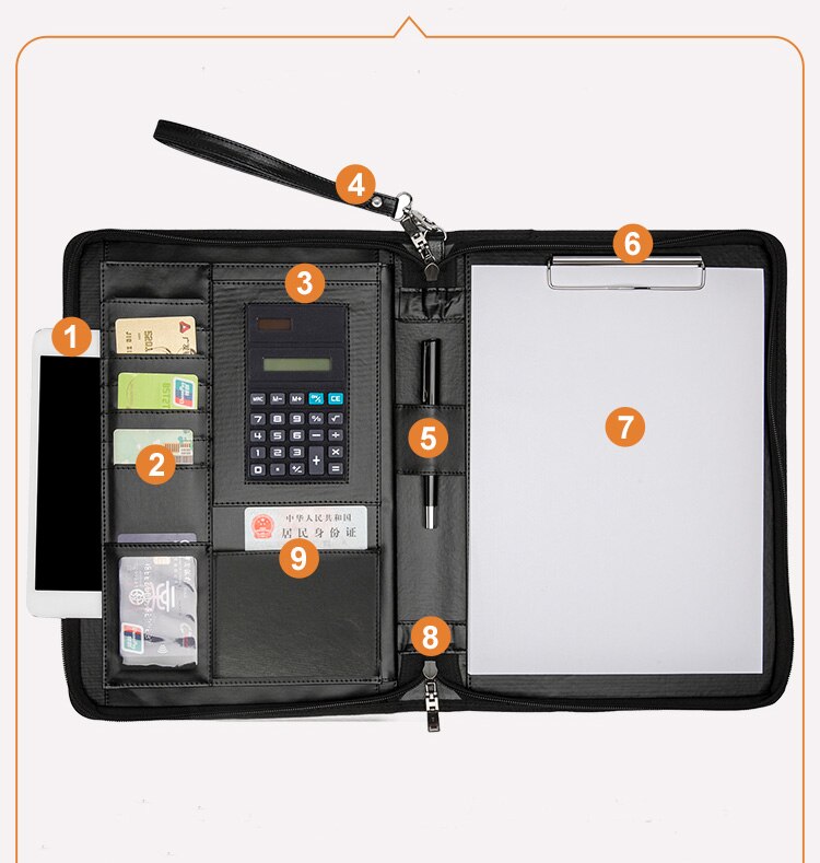 A4 PU Leather Padfolio Business Document Manager Bag Portfolio File Bag with Password Lock Calculator Zipper Clip