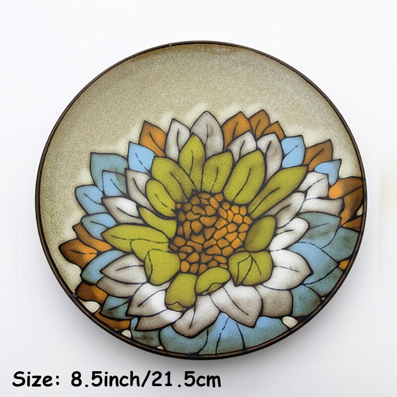 Keramisk blomstertallerken retro matbrett servisesett vestlig matfat rund salattallerken håndmalte flate tallerkener servise 1 stk.: H