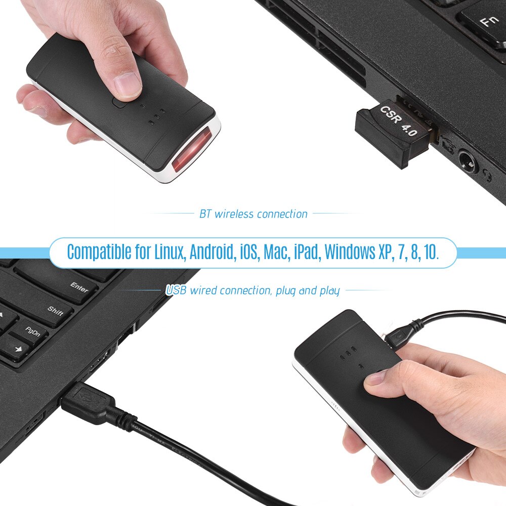 Aibecy Portable Mini Wireless BT Barcode Scanner 1D Handheld Bar Code Reader with USB Cable Receiver Support for Windows XP/Win