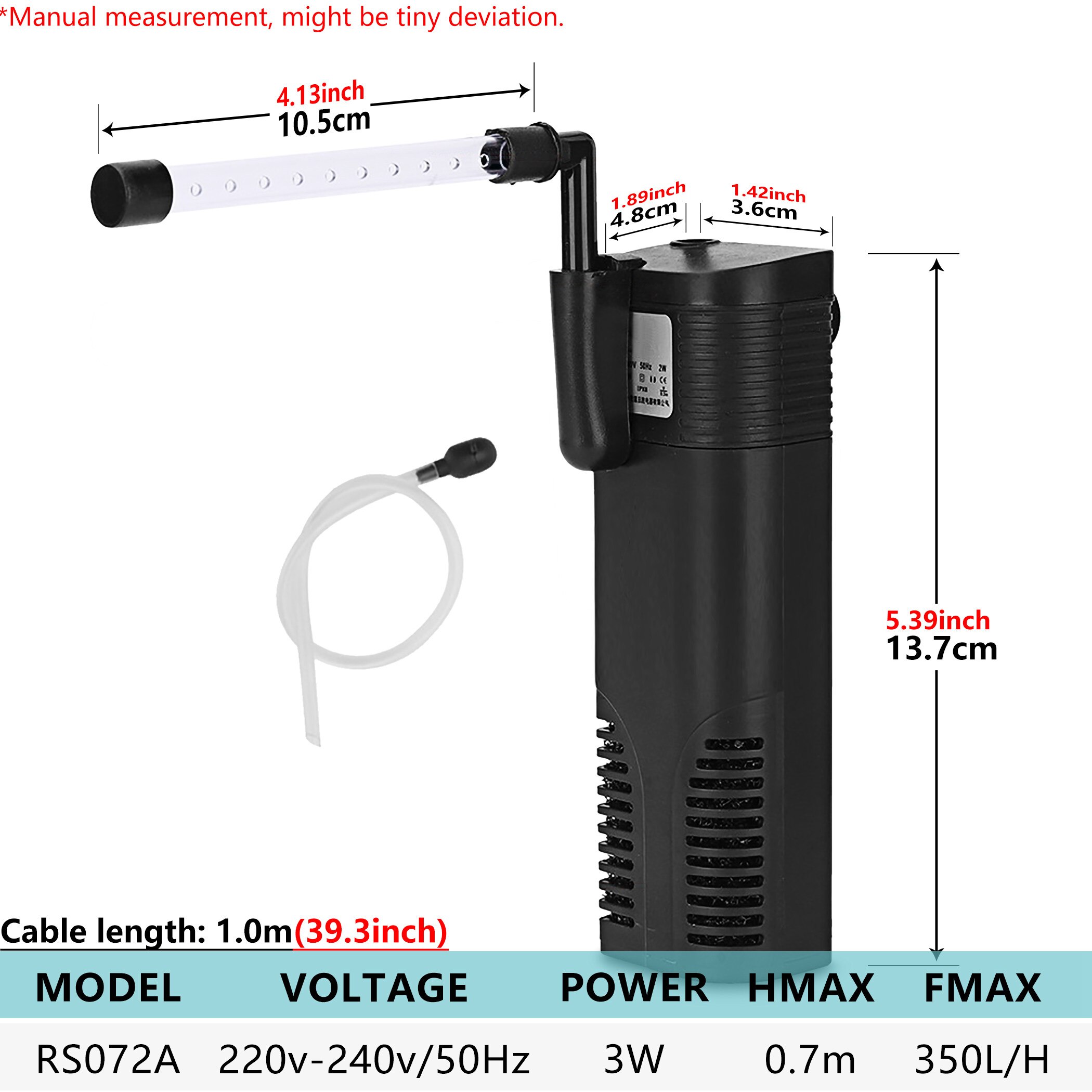 Aquarium Submersible Fish Tank 220V Water Pump &amp; Filtration with Oxygen Tube, Shower Bar and Suction Cup for Pond &amp; Hydroponics: RS072A 92GPH 350LPH / UK Plug