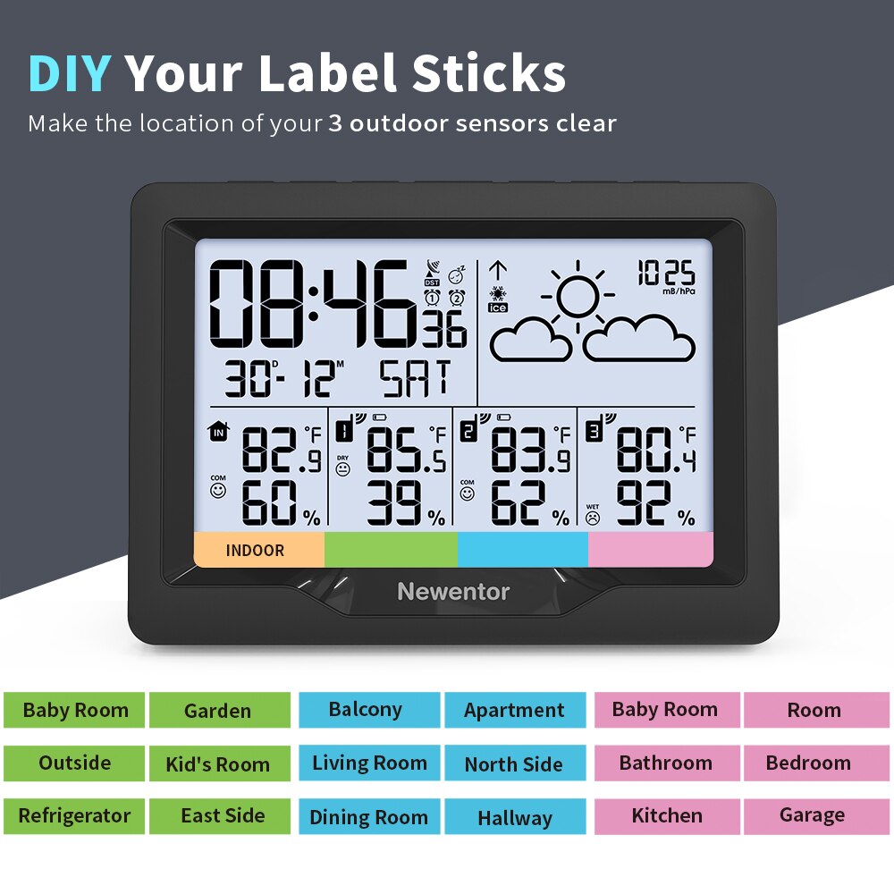Newentor  q5 vejrstation med 3 sensorer indendørs udendørs digital vejrstation trådløs prognose sensor hygrometer fugtighed