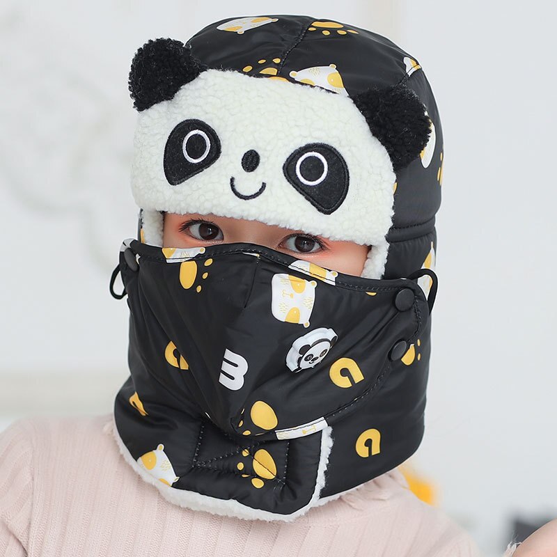 Gorros de bombardero afilados de panda para niño y niña, gorro de invierno con bufanda, máscaras de cuello, gorro de nieve de algodón, orejeras, sombrero ruso, máscara cálida