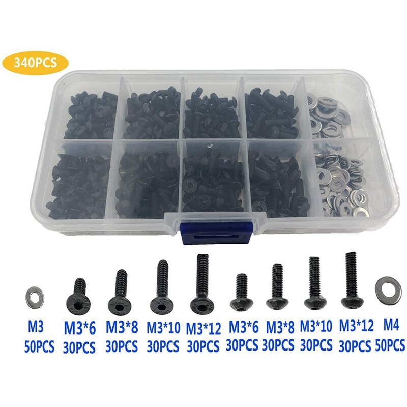 340PCS RC Screws Kit Repair Tool M3 Flat Head/Round Head &amp; M3 M4 Flat Washers for Traxxas Tamiya SCX10 HPI RC Car Parts