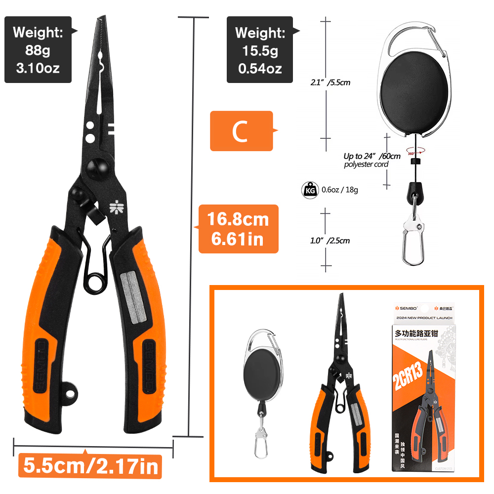 ZUKIBO nueva alicates de pesca multifunción con afilador de anzuelos, alicates de pesca de acero inoxidable 2CR13, pinzas para quitar anzuelos y señuelos: Naranja