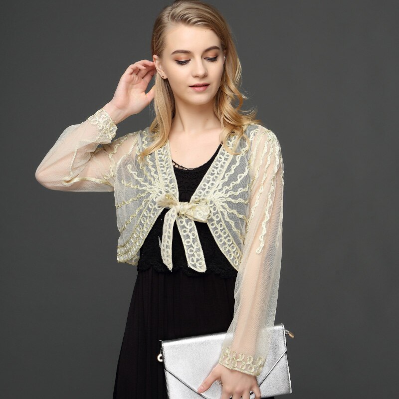 Zomer Vrouwen Kant Bolero Jas Schouderophalen Lange Mouw Korte Dunne Haak Borduren Gestreepte Vrouwelijke Shawl Vrouwen Vest Met Riem