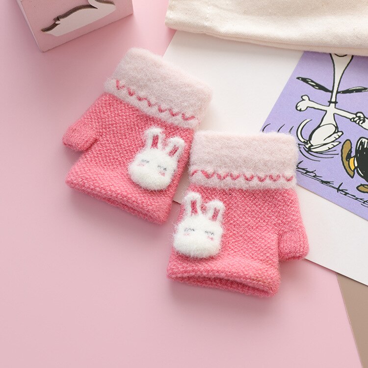 For 1~3Y baby infant Winter half finger knitted gloves rabbit knit warm half fingerless gloves for little baby child: watermelon red
