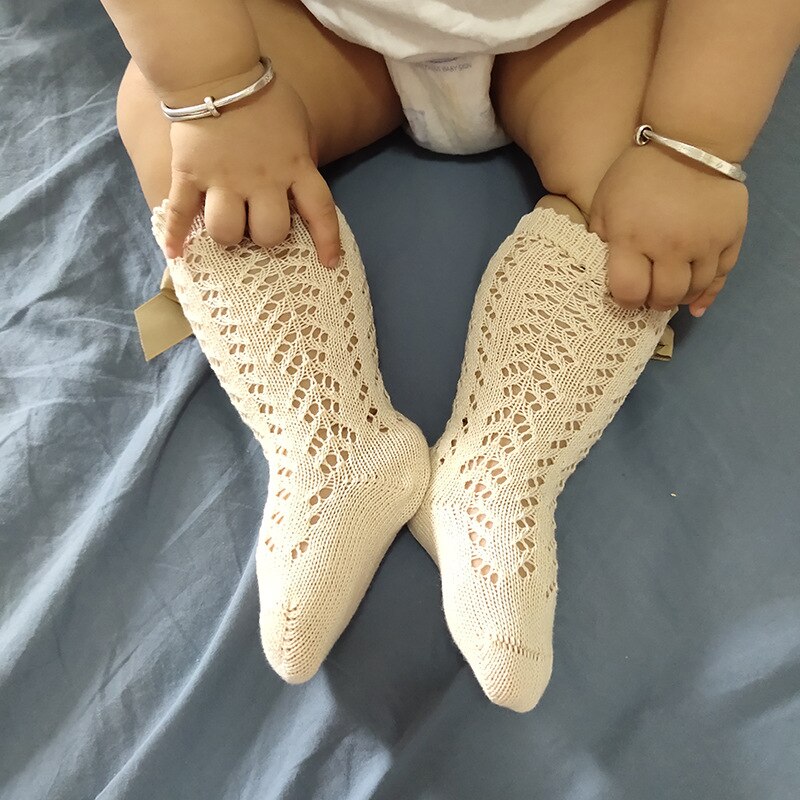 0-3Years Baby Girls Hollow Out Bowknot Stockings Knitted Solid Breathable Thin Leggings For Infant Newborn Baby