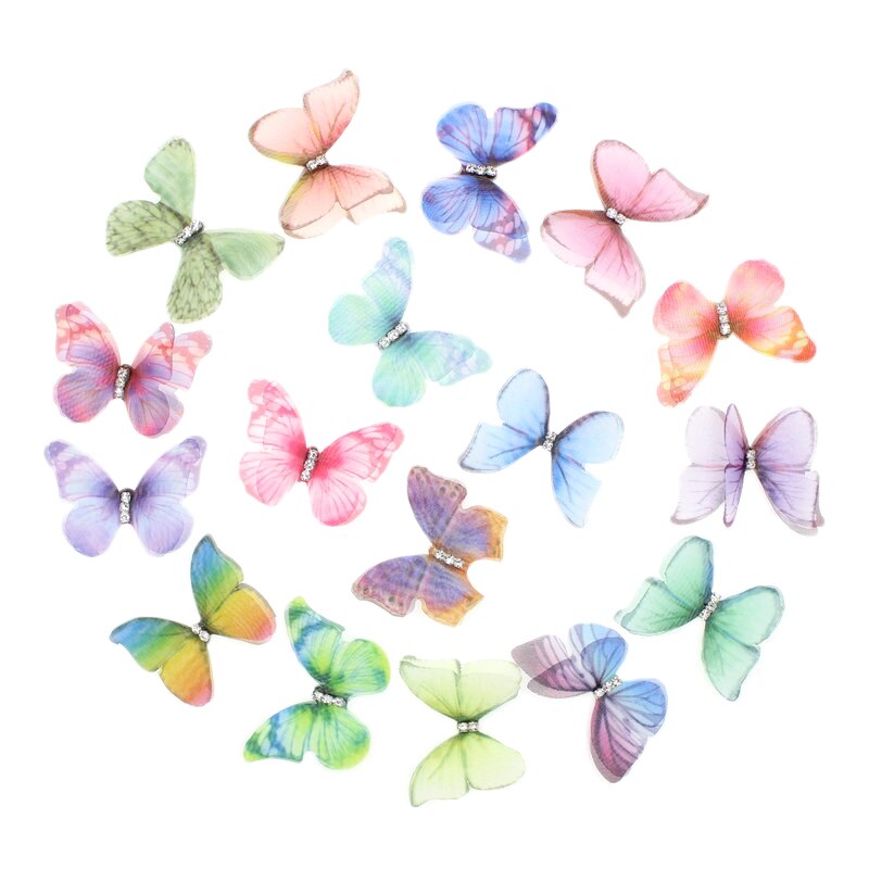 50 stk gradient farve organza stof sommerfugl applikationer 38mm gennemskinnelig chiffon sommerfugl til festindretning, dukkeudsmykning: Default Title