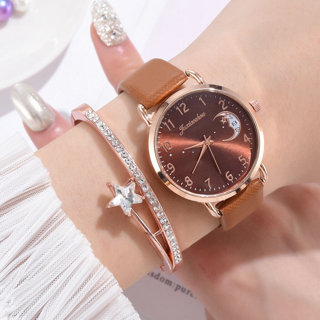 Women Watch Moon Numbers Dial Bracelet Watches Set Ladies Leather Strap Quartz Wristwatch Women Female Clock Relogio Mujer