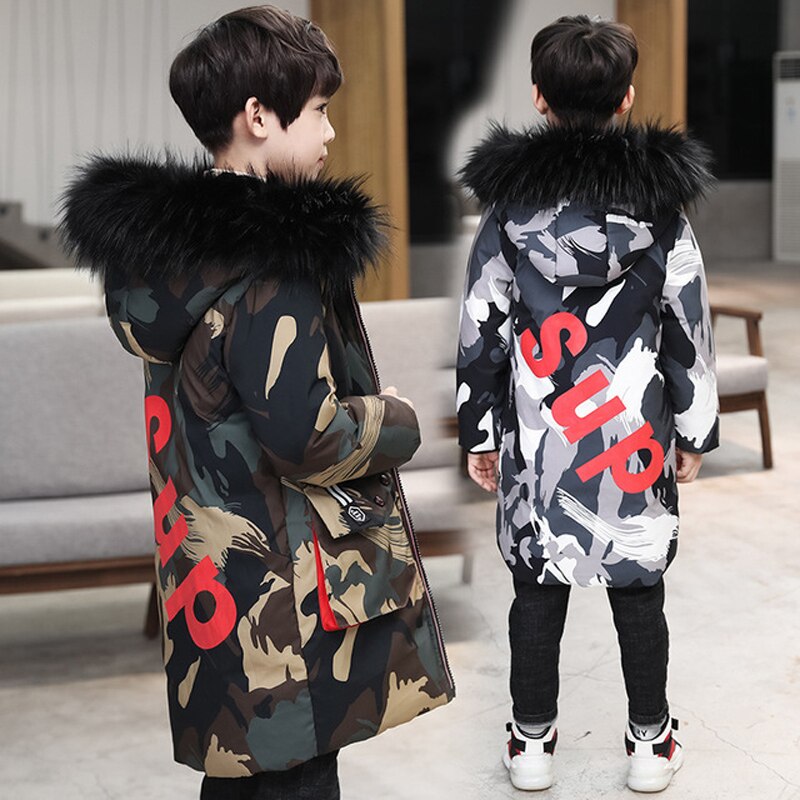 5-15 ans veste d'hiver pour garçon Camouflage doudoune avec fermeture éclair garçons fourrure vêtements d'extérieur à capuche enfants Long manteau TZ530