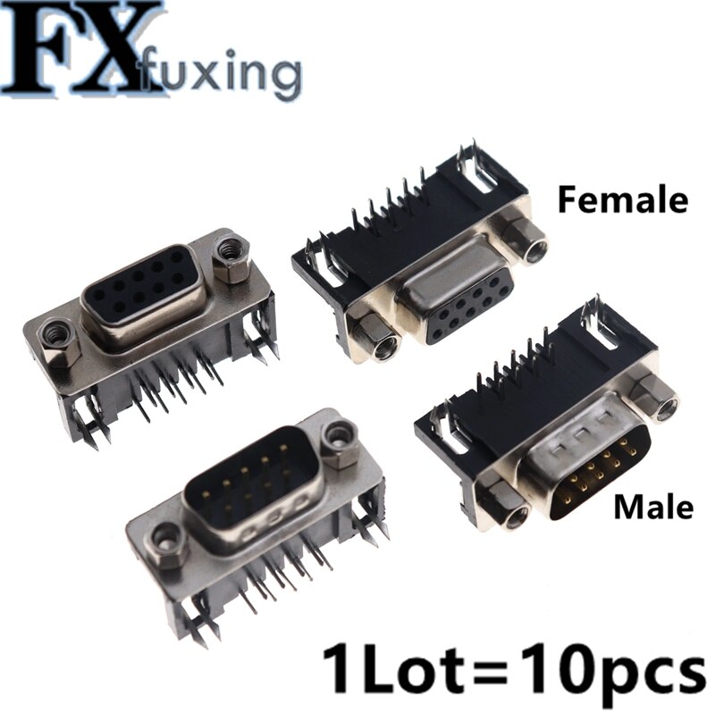 10PCS DB9 Female Male PCB Mount D-Sub 9 pin PCB Connector RS232 Connector 90-degree bent needle DR9