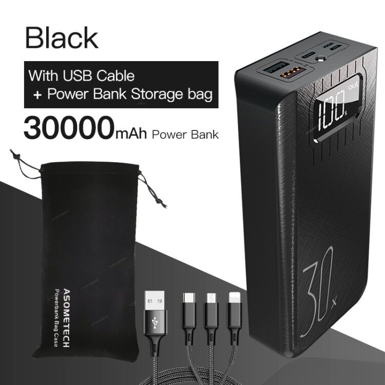 2USB Led Power Bank 30000Mah Draagbare Opladen Poverbank Pack Charge Externe Batterij Powerbank Voor Iphone Xiaomi Samsung Huawei: Black With Cable Bag