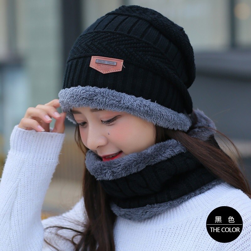 Conjunto de gorros de lana de Coral para hombre, bufanda cálida y transpirable, gorro de punto de lana con letras, gorro de doble capa, para invierno, Uds.: woman black
