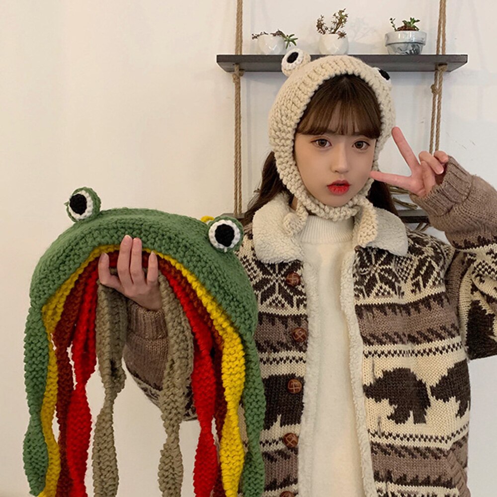 Winter skullies schattige vrouwen kikker hoed haak gebreide muts kostuum muts mutsen pet vrouwen hiphop pet fotografie rekwisiet feest