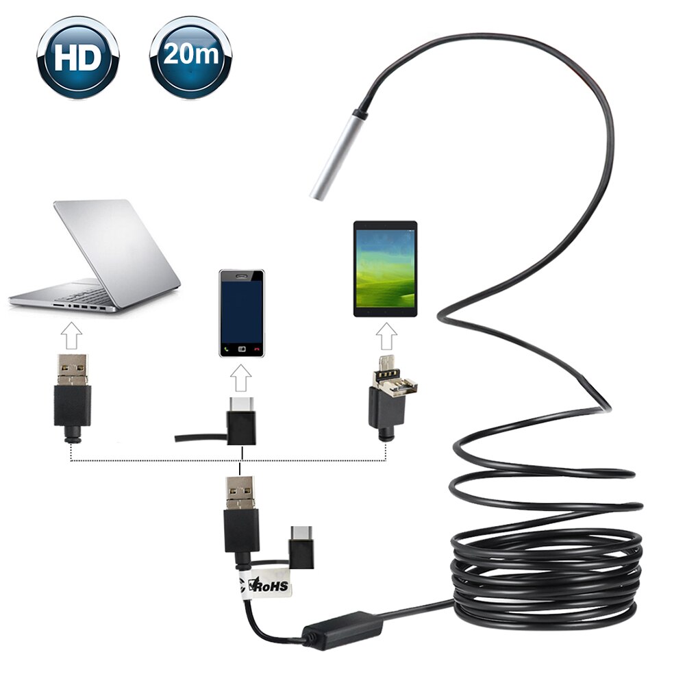 Caméra d'inspection endoscopique avec câble de 20M, USB 2.0, 3 en 1, étanche IP67